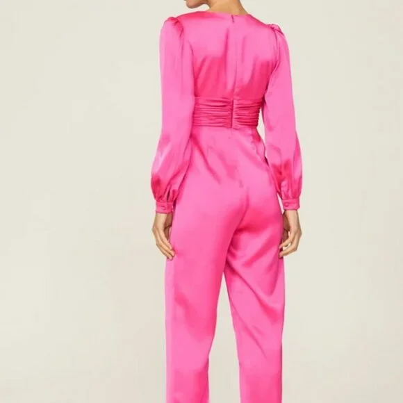 Mac Duggal Pink Plunge Neck Long Sleeve Satin Jumpsuit